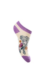 Calcetín corto con una base color crema, puños morados y un patrón floral que presenta a una persona en estilo vintage. Fabricado con material suave y elástico.