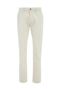 Light beige cotton trousers with a straight leg design, featuring a button closure and a subtle textured finish.