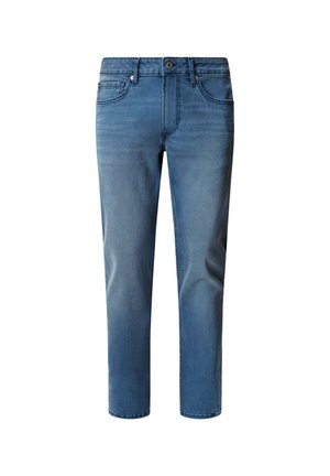 Jeans in denim azzurro chiaro, con taglio dritto, cinque tasche, chiusura con bottone frontale e lievi sbiaditure sulle cosce, tessuto morbido.