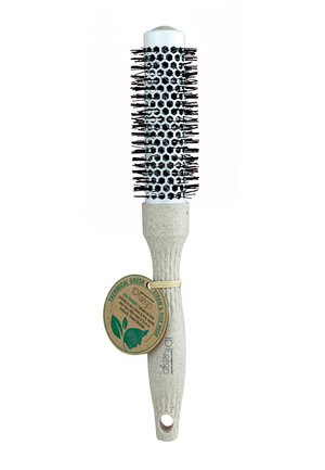 Cepillo térmico redondo para el cabello con cerdas negras, barril blanco de panal y mango beige con etiqueta ecológica adherida.