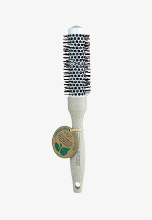 Brosse thermique ronde avec poils noirs, corps blanc à motifs nid d'abeille et manche beige avec étiquette écologique attachée.