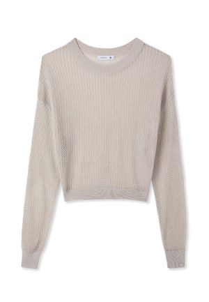 Maglione lavorato a maglia grigio chiaro a manica lunga con collo rotondo e motivo a nido d'ape testurizzato, etichettato con taglia small.