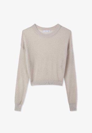 Maglione lavorato a maglia grigio chiaro a manica lunga con collo rotondo e motivo a nido d'ape testurizzato, etichettato con taglia small.