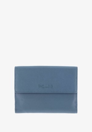 Portefeuille en cuir bleu à texture lisse, doté d'une fermeture à rabat et du logo embossé "PICARD" en façade. Design rectangulaire compact.