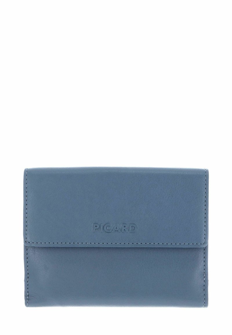 Portefeuille en cuir bleu à texture lisse, doté d'une fermeture à rabat et du logo embossé "PICARD" en façade. Design rectangulaire compact.
