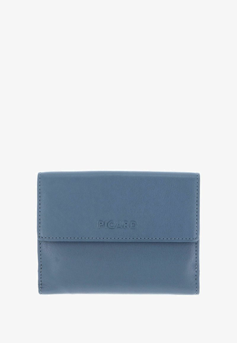 Portefeuille en cuir bleu à texture lisse, doté d'une fermeture à rabat et du logo embossé "PICARD" en façade. Design rectangulaire compact.