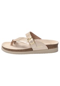 Sandale flip-flop beige avec des brides synthétiques texturées, détails en boucle dorée, semelle intermédiaire en liège et semelle extérieure en caoutchouc beige.