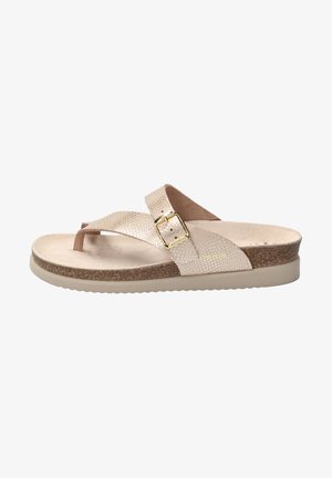 Sandale flip-flop beige avec des brides synthétiques texturées, détails en boucle dorée, semelle intermédiaire en liège et semelle extérieure en caoutchouc beige.