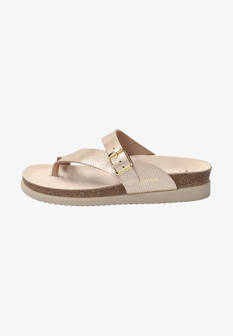 Beige Flip-Flop-Sandale mit strukturierten synthetischen Riemen, goldfarbener Schnalle, Korkzwischensohle und beige Gummisohle.