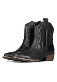 Botas de vaquero de cuero negro con puntas afiladas, costuras decorativas y un tacón bajo apilado. Presenta un cierre con cremallera y una pestaña para facilitar su uso.