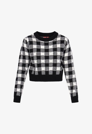 Suéter recortado en blanco y negro con un patrón de cuadros, tejido de punto, cuello redondo acanalado y mangas largas.