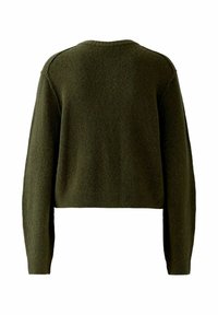 Olivgrüner, kurzer Pullover aus weichem Stoff, mit langen Ärmeln, rundem Ausschnitt und gerippten Bündchen und Saum.