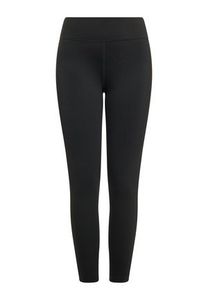 Sorte leggins lavet af elastisk materiale med en glat tekstur, der har en høj talje og en tætsiddende pasform.
