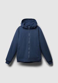 Giacca con cappuccio blu navy realizzata in un morbido tessuto isolante, dotata di una cerniera anteriore, due tasche laterali e polsini e orlo a costine.
