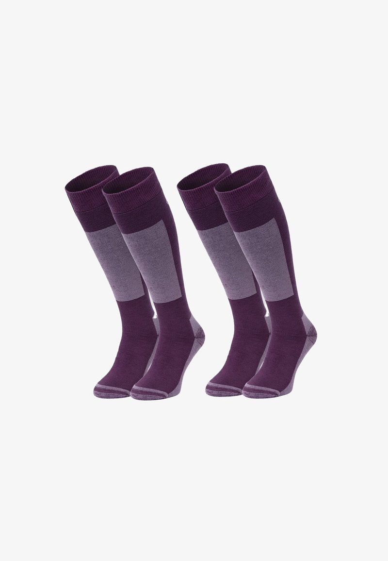 Purple knee-high socks featuring a two-tone design with a ribbed top and smooth texture. They have contrasting lighter purple bands.