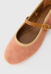 Zapato plano Mary Jane de ante rosa suave con ribete beige y una correa de cuero marrón sujeta por una pequeña hebilla dorada, visto desde arriba.