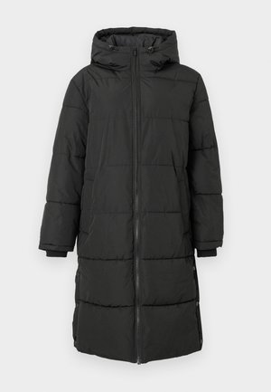 Casaco de inverno preto, longo e acolchoado, com capuz, fecho à frente, punhos canelados e botões de pressão nas laterais para um ajuste ajustável.