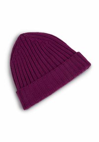 Berretto di maglia viola con texture a coste e risvolto. Realizzato in tessuto morbido, presenta una vestibilità aderente e una finitura liscia.