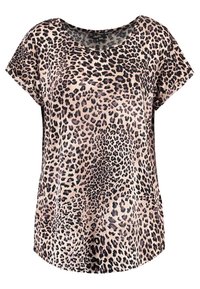 Blusa de manga corta con estampado de leopardo en beige y negro, que presenta un corte holgado, escote redondo y textura de tela suave.
