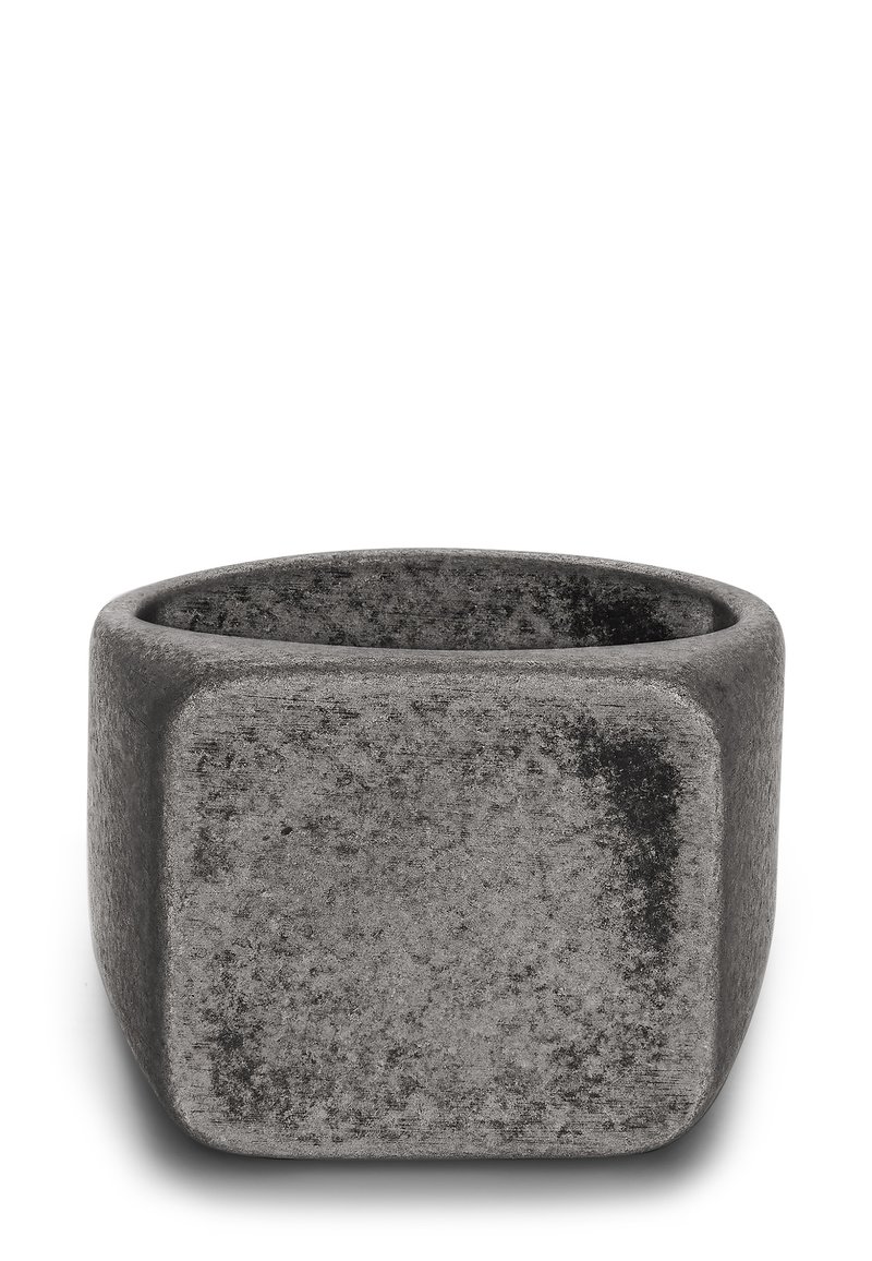 Concrete planter with a square shape, matte dark gray surface, rounded edges, and a textured finish, suitable for indoor or outdoor use.