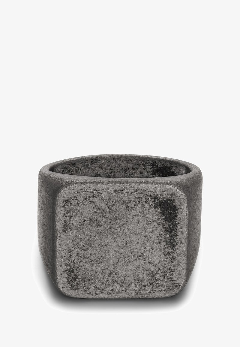 Concrete planter with a square shape, matte dark gray surface, rounded edges, and a textured finish, suitable for indoor or outdoor use.