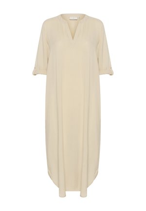 Beige dress with a V-neck, short rolled sleeves, and side slits. Made of a smooth, lightweight fabric with a loose, relaxed fit.