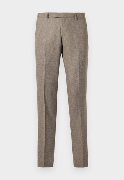 Pantalons en mélange de laine marron avec une coupe droite, présentant une texture subtile et des plis, terminés par une taille classique.