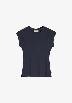 Granatowa, dopasowana koszulka z krótkim rękawem i okrągłym dekoltem, z rękawami raglanowymi. Wykonana z miękkiego, gładkiego materiału o czystym designie.