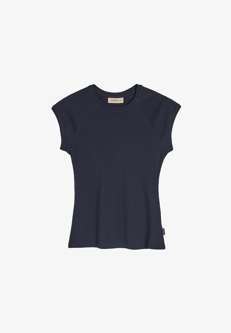 Granatowa, dopasowana koszulka z krótkim rękawem i okrągłym dekoltem, z rękawami raglanowymi. Wykonana z miękkiego, gładkiego materiału o czystym designie.