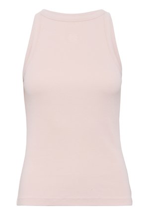 Débardeur côtelé sans manches beige clair avec un col montant et une coupe légèrement ajustée.