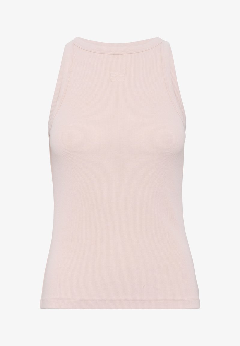 Débardeur côtelé sans manches beige clair avec un col montant et une coupe légèrement ajustée.