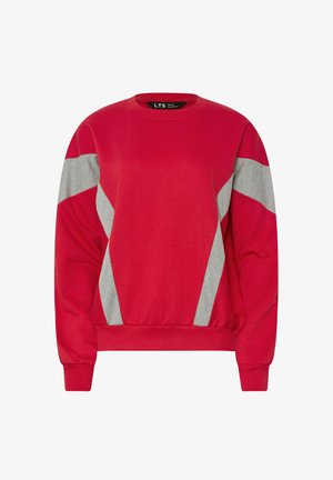 Rode sweatshirt met grijze accenten, ronde halslijn en geribbelde manchetten. Heeft een diagonale kleurblokkering en een zachte stoftextuur.