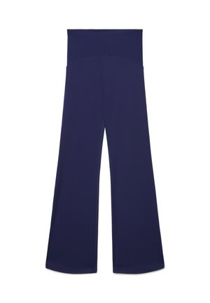 Marineblaue, hoch taillierte Hosen mit weitem Bein, glattem Bund und ohne sichtbare Taschen oder Muster.