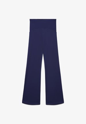 Marineblaue, hoch taillierte Hosen mit weitem Bein, glattem Bund und ohne sichtbare Taschen oder Muster.