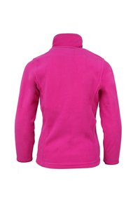 Giacca in pile rosa con colletto alto e maniche lunghe. Tessuto liscio, design semplice e nessun abbellimento o motivo visibile.