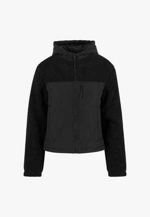 Must musteljak, millel on lukuäärdega esitasku ja vooderdatud kapuuts. Alumine osa on tepitud ja ülaosa on luksuslikult pehme tekstuuriga.