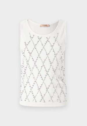 Canottiera bianca a coste con un motivo a diamante realizzato in piccole perline d'argento. Scollatura tonda, design senza maniche e vestibilità regolare.