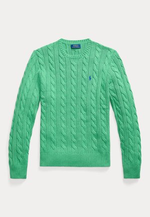 Groene kabelgebreide trui met een ronde hals. Geribbelde manchetten en zoom, met een klein blauw logo op de linkerborst. Gebreide textuur.