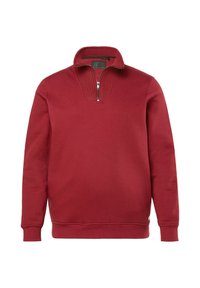 Sudadera roja de tipo pullover hecha de un tejido suave. Cuenta con un cuello con media cremallera, detalles de canalé y puños y dobladillo elásticos.