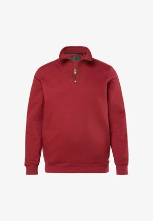 Červená mikina s dlouhým rukávem vyrobená z měkké látky. Má límec na půl zip s žebrovanými detaily a elastické manžety a lem.