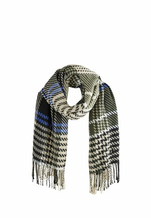 Wool scarf with a black, white, green, and blue houndstooth pattern and fringed ends, loosely looped on a white background.