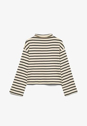 Bauchfreies Langarmoberteil in Creme mit schwarzen horizontalen Streifen. Verfügt über einen hohen Ausschnitt und eine lockere Passform. Weicher, glatter Stoff.