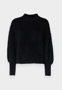 Maglione nero a maglia con collo alto, texture morbida e maniche lunghe leggermente arricciate. Design cropped con polsini a coste.
