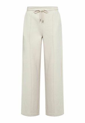 Beige vidde bukser med elastisk linning og snøre, med synlige lodrette sømdetaljer foran.