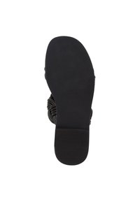 Svart platt sandal med en sula som har en texturerad yta och ribbning för grepp samt subtil varumärkeslogotyp. Rundad form med en slät finish.