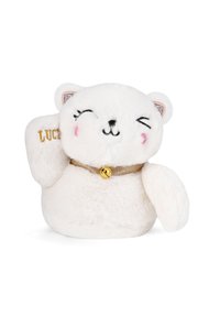 Figurine en peluche de chat blanche, dotée d'une cloche dorée, d'un collier pailleté et de détails faciaux brodés avec une patte qui fait signe.