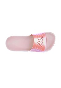 Roze slide sandaal met een glanzende band, voorzien van een ribbelstructuur en logo-detail. Gladde zool met een gevoerde binnenkant.