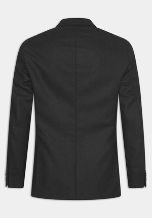 Donkergrijze blazer met een soepele textuur, boutcollar en getailleerde pasvorm; heeft lange mouwen en knopenaccenten op de manchetten.