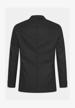 Blazer grigio scuro con una texture liscia,reverse a punte e vestibilità su misura; presenta maniche lunghe e dettagli in bottoni sui polsini.