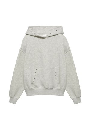 Hellgrauer Hoodie mit langen Ärmeln, Fronttasche und Metallnieten an den Taschenkanten und am Kapuzenrand.